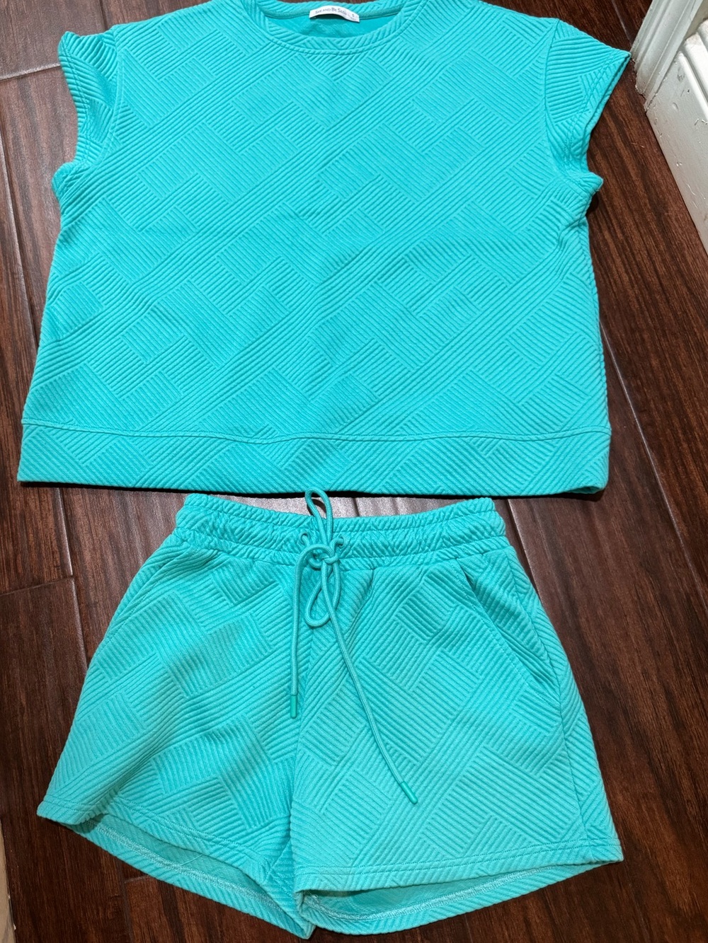 Women’s Textured Short Sleeve Top & Drawstring Shorts Set - Turquoise